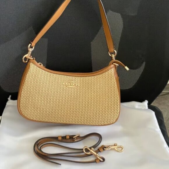 NWT Coach Teri 2way Shoulder Bag Crossbody Straw/Leather Latte CR350 - Picture 2 of 6